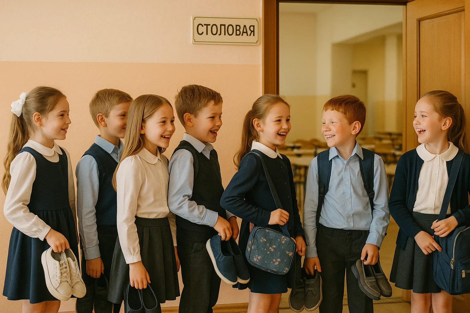 ученики стоят у столовой со сменкой в руках