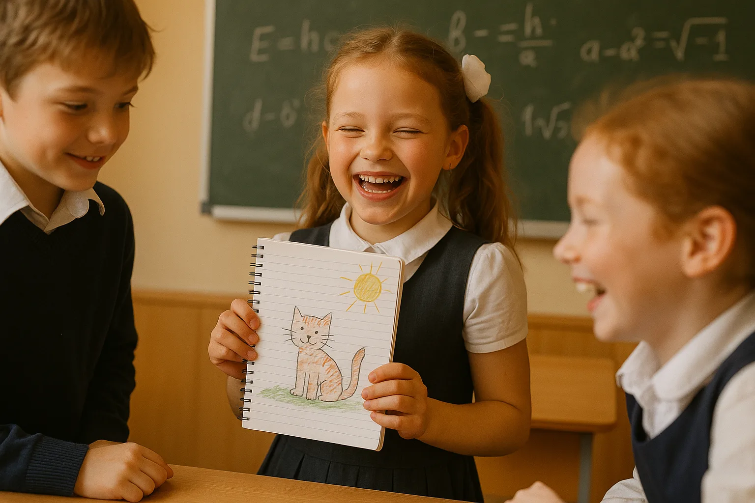 девочка показывает рисунок в тетради у доски
