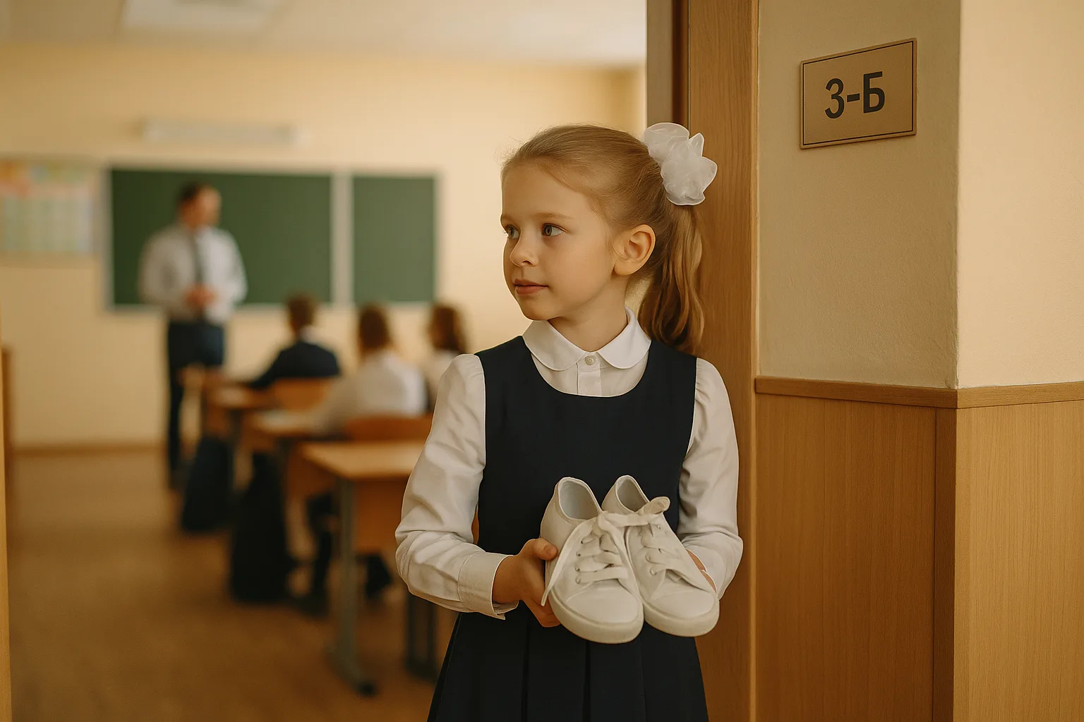 девочка у входа в класс со сменкой в руках