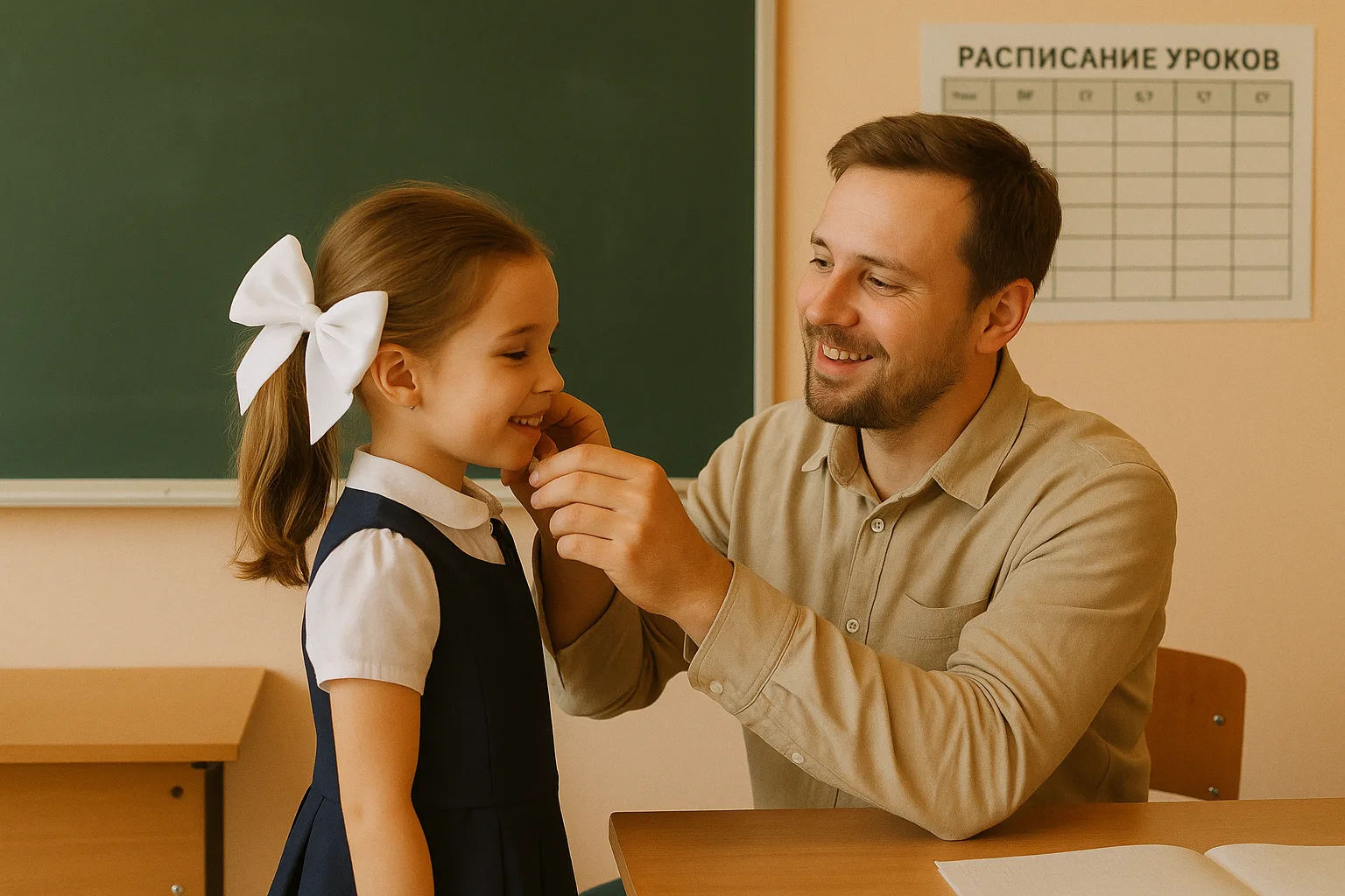 родитель помогает школьнице с бантом