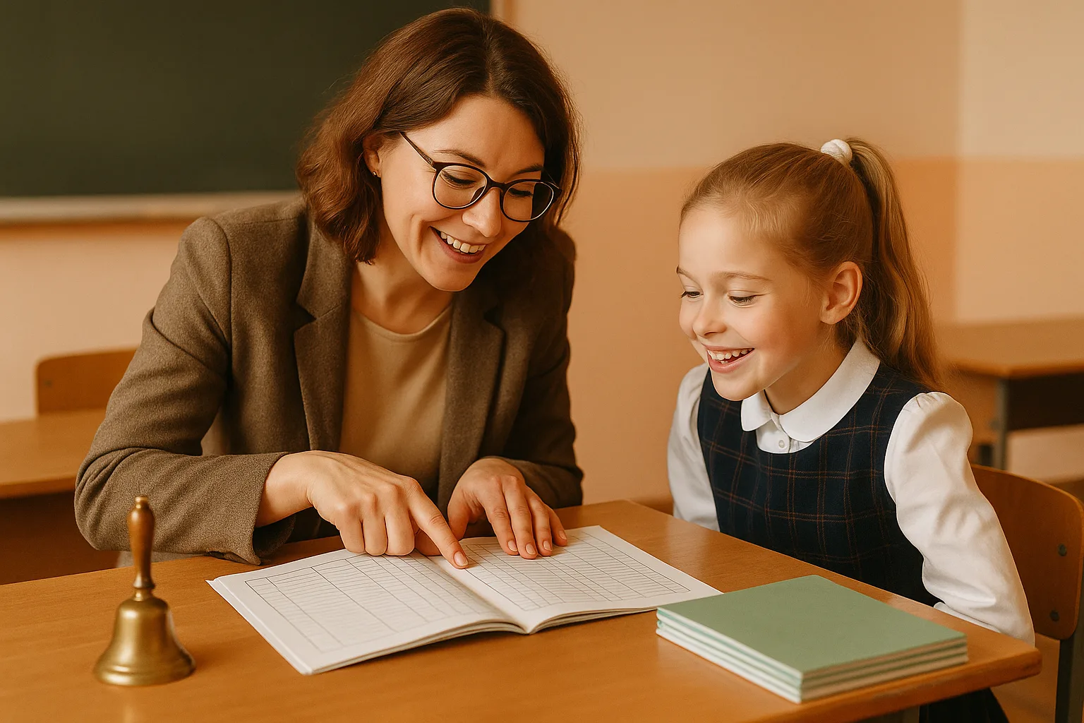 учитель с журналом и школьным колокольчиком